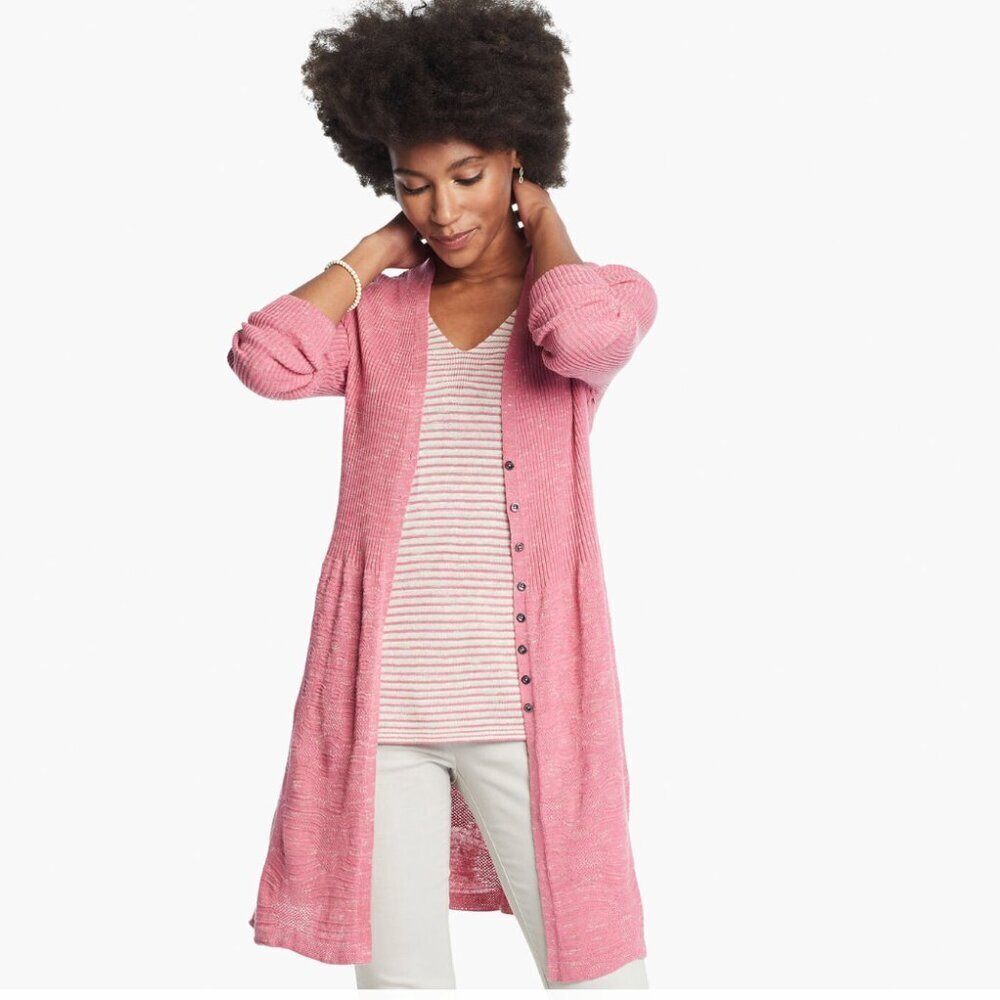 Nic + Zoe Pink Cardigan Sweater Womens Size L Longline Open Front Linen Blend